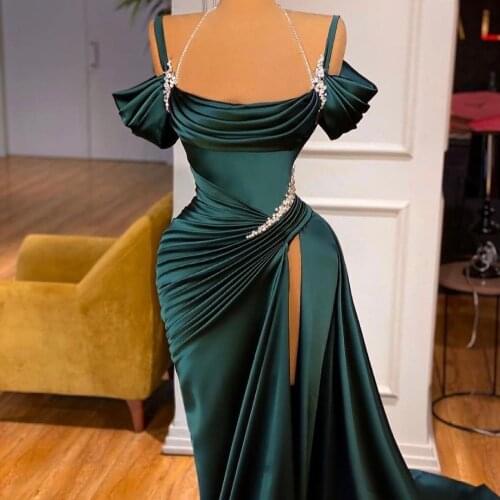 2021 Dark Green Evening Dress Pleat High Split Satin Mermaid Prom Dress Beading Sequins vestido de novia Formal Party Gowns