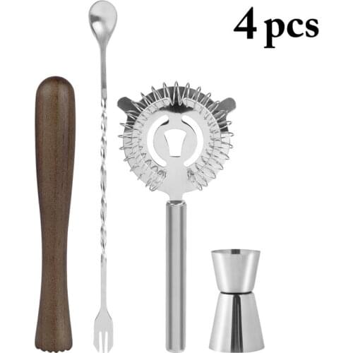 4 Pcs/Set Stainless Steel Cocktail Tools Professional Bartender Ice Strainer Mixing Spoon Cocktail Jigger Party Bar Accessories