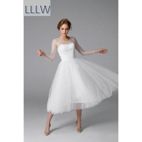 White Tulle Long Sleeves Short Mid- Calf A-Line Wedding Dress Custom Made Layered Skirt