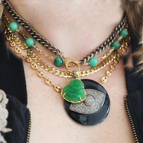 Bohemian gifts Punk Jewelry Accessories CZ Zirconia Spiral Clasps jade Green Buddha Pendant necklace CHUNKY BLACK CHAIN women