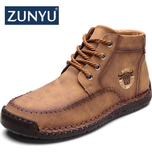 ZUNYU Winter Split Leather Mens Boots Comfortable Men Ankle Boots Thick Plush Warm Snow Boots Autumn Outdoor Man Hiking Boots