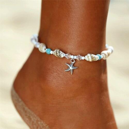 Simple Turquoise Stone Conch Anklet Female Starfish Pendant Beaded Foot Chain Ankle Bracelets Beach Barefoot Jewelry