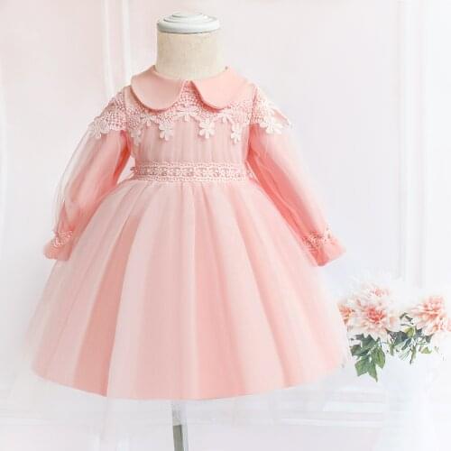 Pink Lace Baby Christening Dress Long Sleeve 1st Birthday Girl Party Princess Prom Dress Infant Girl Baptism Baby Dress Wedding