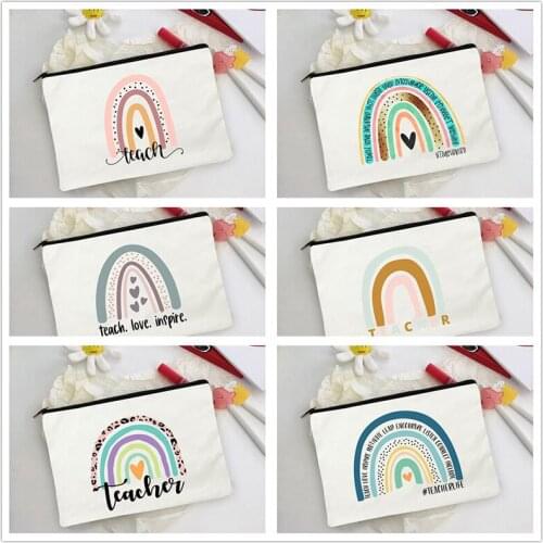 Teach Love Rainbow Print Makeup Bag Canvas Cosmetic Organizer Teacher Survival Kit Gift for Teacheres Teacher Appreciation