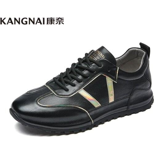 KANGNAI Men Leather Shoes Lace-Up Flats Outdoor Walking Sports Footwear Black Male Casual Shoes