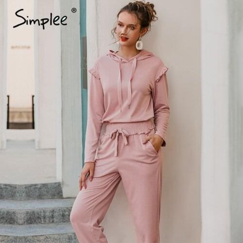 Simplee Elegant solid women jumpsuits Ruffle sleeve Hooded collar Autumn winter jumpsuit romper Streetwear ladies pocket overal