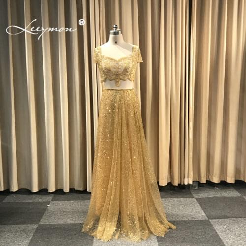 Leeymon Elegant Two Pieces Sexy Evening Dress Beaded Cap Sleeves Party Gown High Slit robe de soiree Long Dress