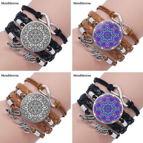 Mendittorosa Jewelry Multilayer Black/Brown Leather Bracelet Bangle Jewelry Crystal Gift Zen Picture with Mandala Flower