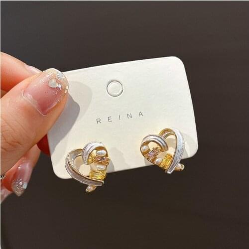 Sweet Colorful Crystal Love Simulated-pearl Earrings Temperamental Compact Twisted Geometry Metal Daily Wear Earrings