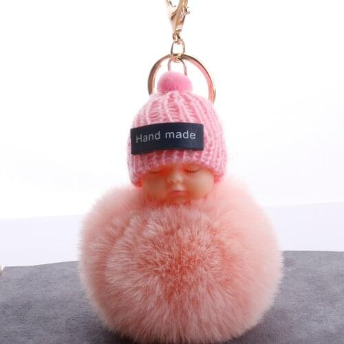 Fashion Colorful Sleeping Baby Doll Hanging Piece Hair Ball Pendant Cute Fluffy Pompom Chain Cotton Wool Holder Bag Ball Toy