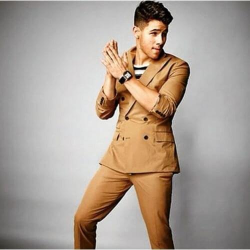 Peaked Lapel Khaki Men Suits Double Breasted Coat Ropa Formal Hombres Fashion Cool Blazer Men Gentlemen StyleTuxedos(JacketPant)