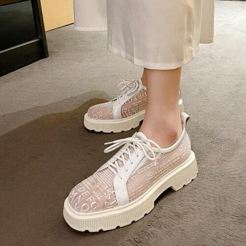 Mules Shoes Woman Printed Net Yarn Single Shoes Womens Thick Bottom 2021 Summer Lace-up Platform Breathable White Flats Sandals