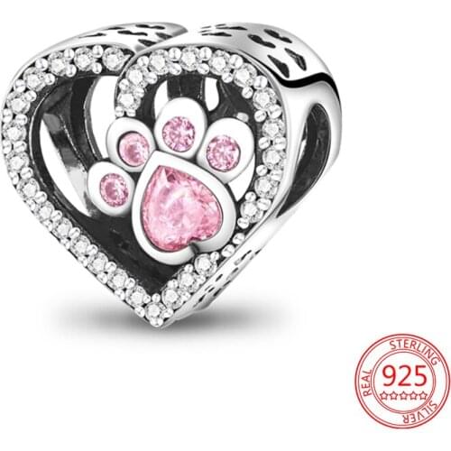 New Hot Sterling Silver 925 Cute Pink Dog Paw Print Love Charms Beads for Women DIY Jewelry Gift Fit Original Pandora Bracelet