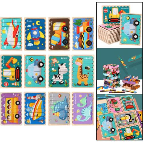 Kids Wooden Brain Puzzle Toy Double-sided 3D Animal Puzzle Strip Puzzle Stacking Jigsaw Montessori Educational Toy For Children