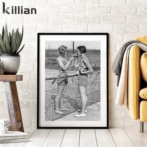 Retro Realistic Art Painting Girl Tennis Sports Picture Wall Print Poster Wall Art Black and White Classic Nordic Posters Decor