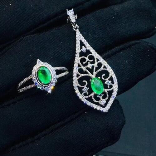 Luxurious Restoring geometry rhombus S925 silver natural green emerald pendant ring natural gemstone jewelry woman set jewelry
