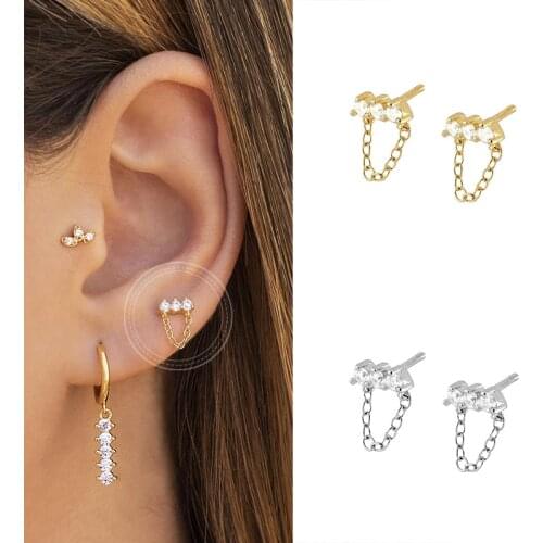 100% 925 Sterling Silver Stud Earrings Gold Color Zircon Chain Tassel Tiny Earrings For Women Punk Jewelry For Valentines Day