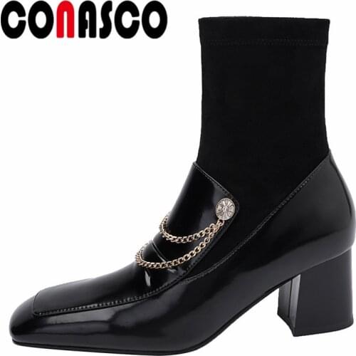 CONASC Elagant Women Ankle Boots Autumn Winter Warm Cow Leather Causal Prom Basic Boots Concise Classic Design Shoes Woman