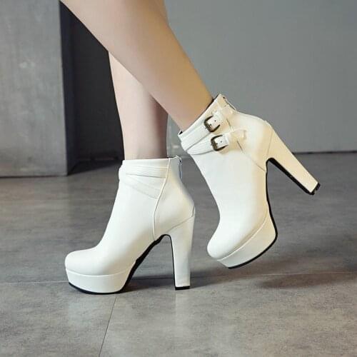 Woman Shoes 12cm High Heels Platform Sexy Ankle Boots Side Zip with Buckle Round Toe Plus Size 34-43