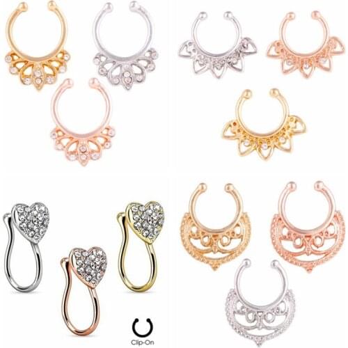 MODRSA 1Piece Crystal Heart Crown Nose Ring Clicker Fake Septum for Women Clip Hoop Nose Ring Faux Piercing Body Jewelry
