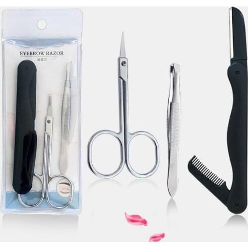 3Pcs Folding Eyebrow Trimmer Scissors And Eyebrow Clip With Comb Portable Eye Brow Razor Eyebrow Shaping Tool Beauty Repair Set