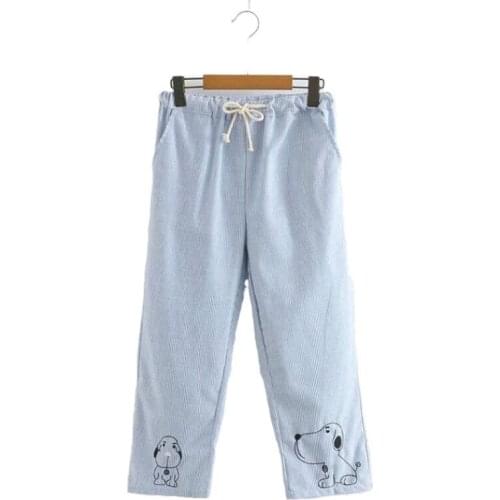 Womens Striped Cotton Pants Cartoon Dog Embroidery Pockets For Girl 2020 Spring New High Waist Calf Length Pant MERRY PRETTY