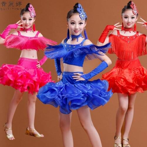 Tassel Children Latin Dance Skirt Prefessional Girl Standard Ballroom Dance Dress Paillette Ballet Jazz Dance Costume 89