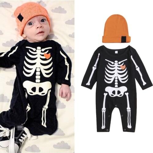 FOCUSNORM Halloween Newborn Baby Boys Romper Hats 2pcs 0-18M Cartoon Printed Long Sleeve Jumpsuits Outfits