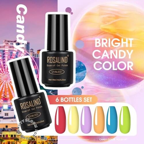 ROSALIND 6PCS/Set Gel Nail Kit All For Manicure Nails Art Design Pure Color Gel Lacquer Soak Off Semi Permanent UV Gellak Kit