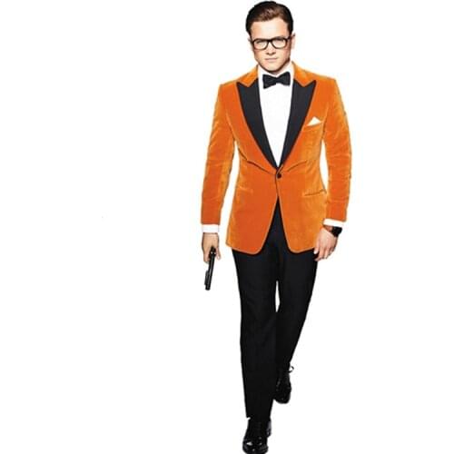 ANNIEBRITNEY Orange Men Slim Fit Velvet Suit With Pants Skinny Groom Wedding Tuxedo With Black Peaked Lapel Prom Wedding Suit