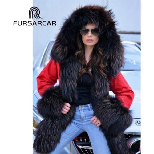 FURSARCAR Winter New Real Fur Parka Women Luxury Long Coat With Raccoon Fur Collar And Cuff Casual Raccoon Fur Parka