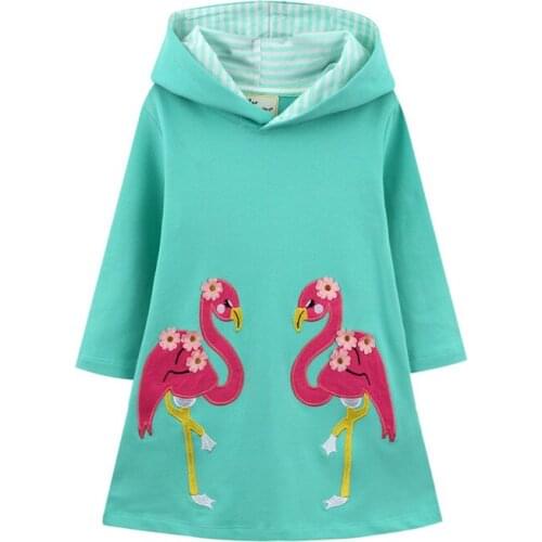Flamingo Long Sleeve Girls Dress Hoody Applique Autumn Spring Baby Girl Cotton Dress With Hoodies Clothing