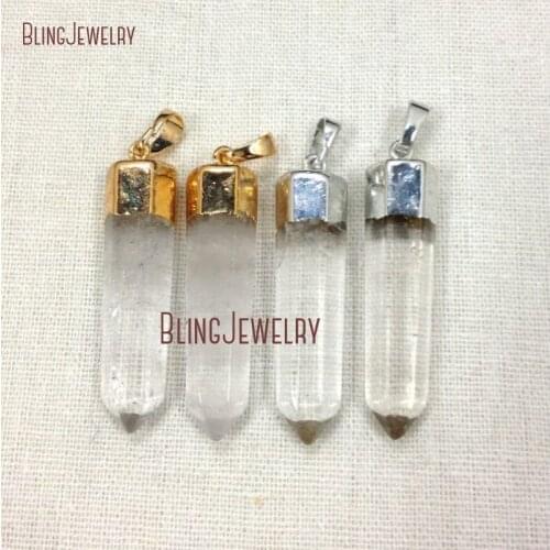 H-RQP22 Healing Crystal Quartz Hexagon Point Pendant Silver or Gold Color Electroplated