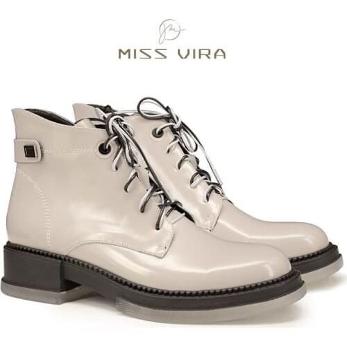 MISS VIRA Ankle Boots Women Genuine Leather Round Toe Lace Up Zipper Platform Non-slip Boots Female Shoes
