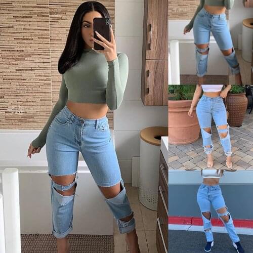 Light Blue Ripped Jeans for Women 2021 New Street Style Sexy Mid Rise Distressed Trouser Stretch Skinny Hole Denim Pencil Pants