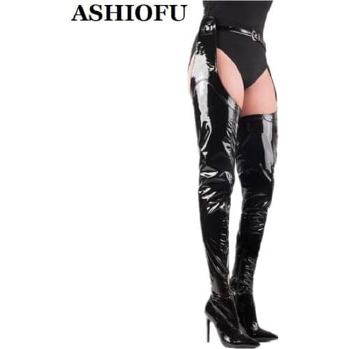 ASHIOFU Handmade New Ladies Waist High Heel Boots Patent Leather Sexy Striper Club Over Knee Boots Evening Thigh High Boots