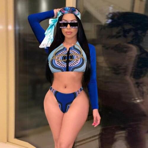 Womens Bikini Set Print Long Sleeve Zipper Cropped Tops and Panty Swimsuit Two-piece Suit for Beach Vacation Swimming