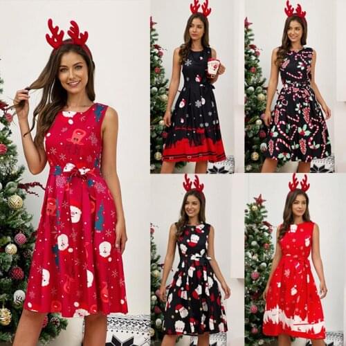 Xxxl Plus Size Woman Vintage Dress Santa Christmas Retro Xmas Printed Round Neck Sleeveless Swing Dress Sexy Women Clothing