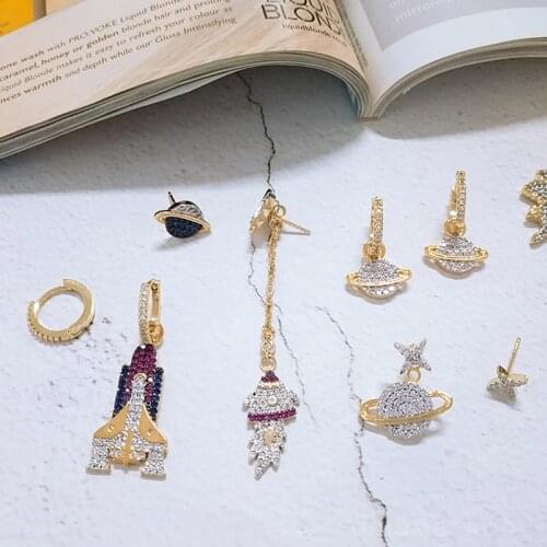 AAA+ Quality Fashion Micro Pave Top Zirconia Space Rocket Charms Stud Earrings For Women INS Jewelry