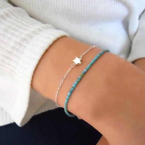 KBJW Boho Jewelry Star Charm Blue Nature Stone Beaded Bracelet 2pcs/set Fashion Simple Hand Chain Bracelet for Women/Girls