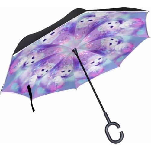 C-Hook Windproof Reverse Umbrella Purple Cat Double Layer Long Shank Inverted Creative Customized Rain Protection Travel Size