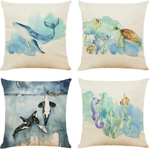 Ocean Turtle Dolphin Print Cushion Cover Decorative Pillows Cartoon Seat Cushions Home Decor Flax Throw Pillow Sofa Pillowcase