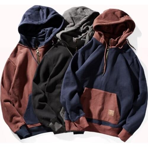 Fleece Thickened Hooded Pullover Japanese-Style Retro Autumn and Winter Thick Contrast Color Sports Hoodie
