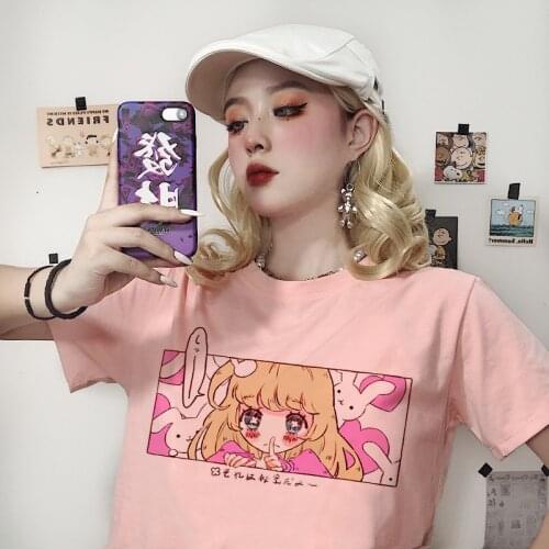 Harajuku Ulzzang cartoon sweet kawaii girls Japan pink Cute fun casual streetwear tops vintage loose chic Summer women T-shirt