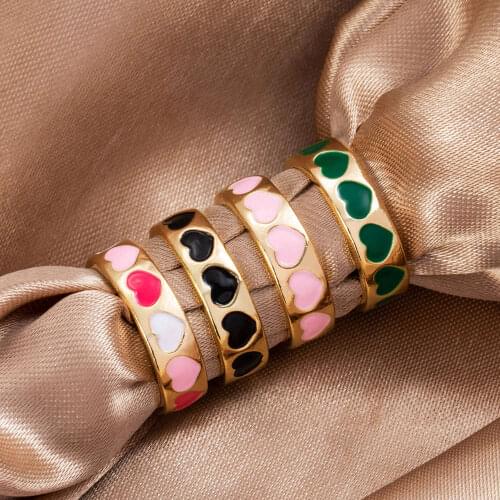 Vienkim Vintage Bohemia Pink Enamel Love Heart Ring Cute Simple Metal Finger Rings for Women Girls Punk Rock Jewelry 2021