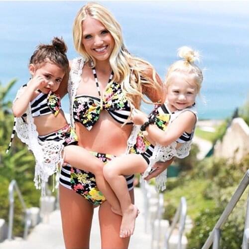 Two-piece Baby/Mom Family Matching Bikini Sets Girl Women Floral Swimsuits Bandage Swimwear Swimsuit Bathing Beachwear Suits
