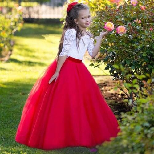 Red White Princess Flower Girls Dresses Bateau Neck Half Sleeves Lace Tulle Floor Length Children Wedding Holiday Party Dresses