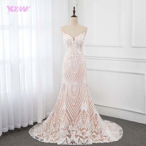 2019 Nude Lace Mermaid Wedding Dress Straps Backless Bridal Gown Sweep Train Vestido De Noiva YQLNNE