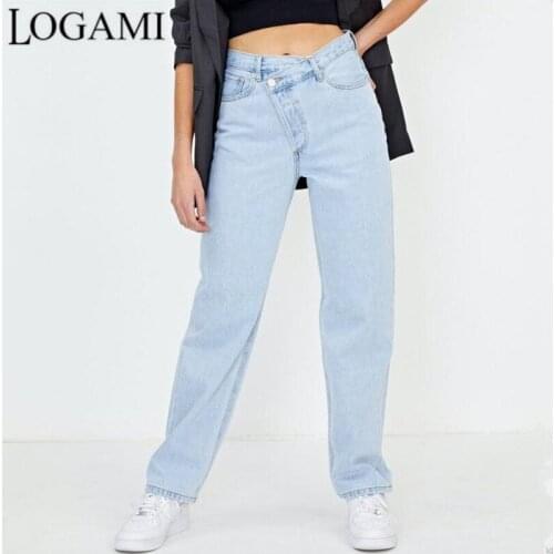 LOGAMI Asymmetry Waist Boyfriend Jeans for Women Streetwear High Waist Straight Denim Jeans Spring Pants Trousers