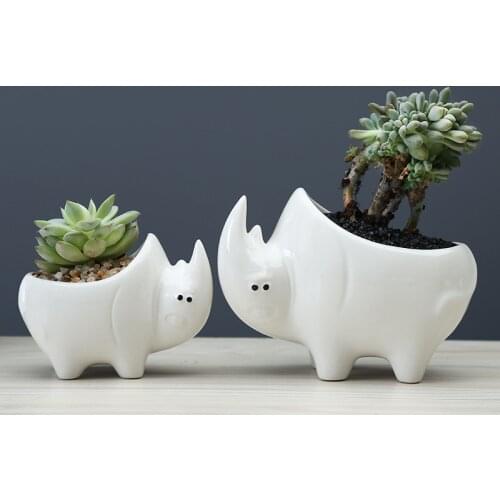 Cute Cartoon Ceramics Miniature Rhino Flower Pot Porcelain Rhinoceros Plants Jardiniere Decor Novelty Ornament Craft Accessories
